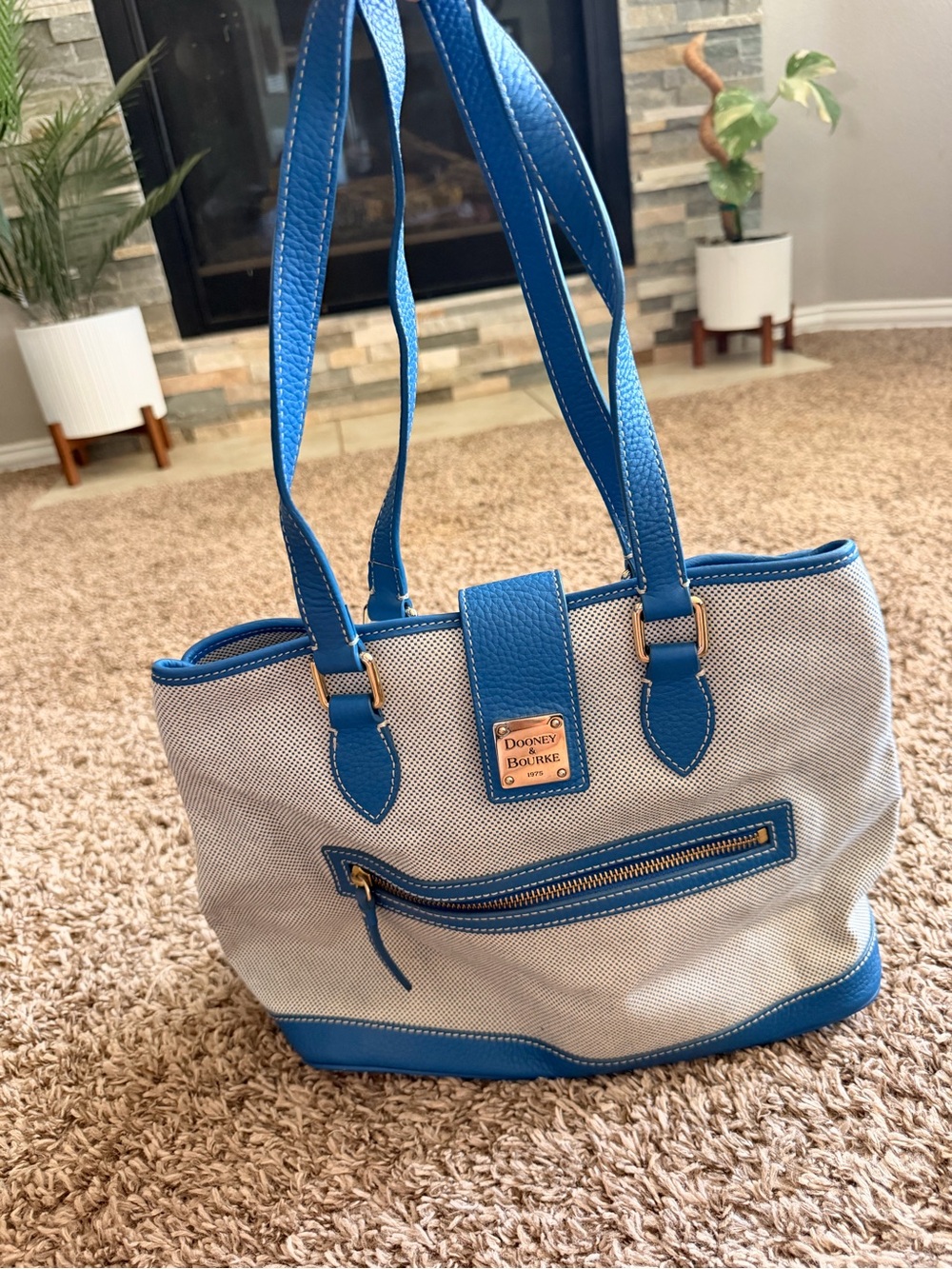 Dooney & Bourke Blue Canvas & Leather Shopper Tote with Matching Pouch